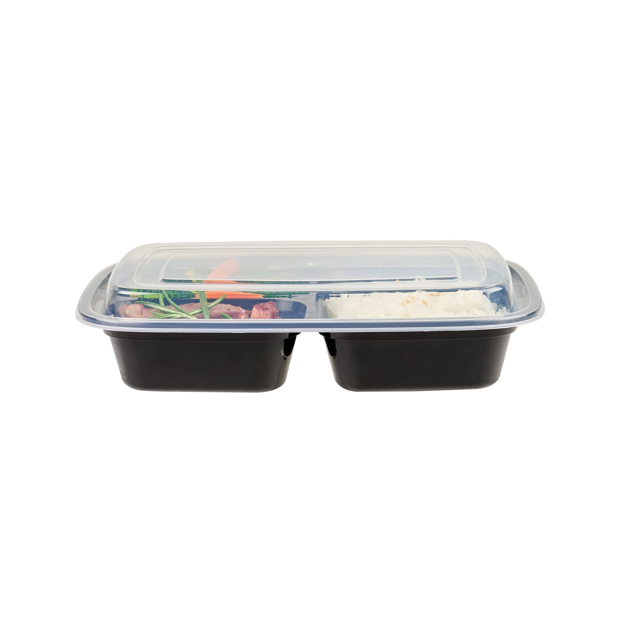 Asporto 26 oz Black Plastic 3 Compartment Food Container - with Clear Lid, Microwavable - 8 3/4" x 6" x 1 3/4" - 50 count box