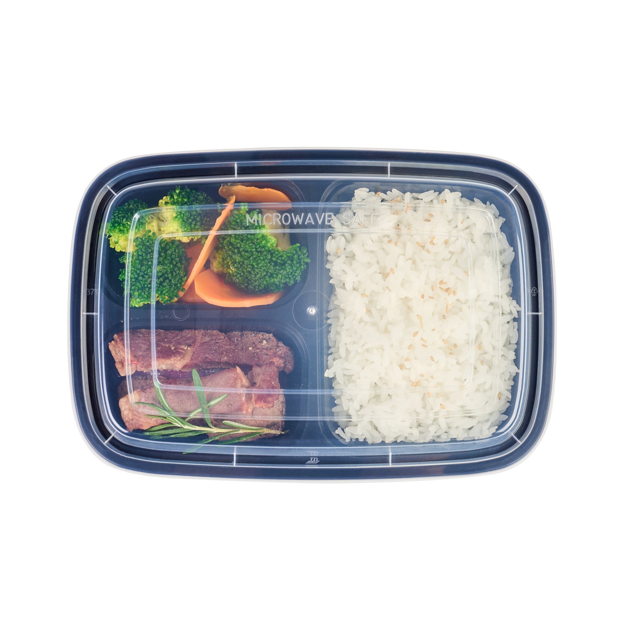 Asporto 26 oz Black Plastic 3 Compartment Food Container - with Clear Lid, Microwavable - 8 3/4" x 6" x 1 3/4" - 50 count box