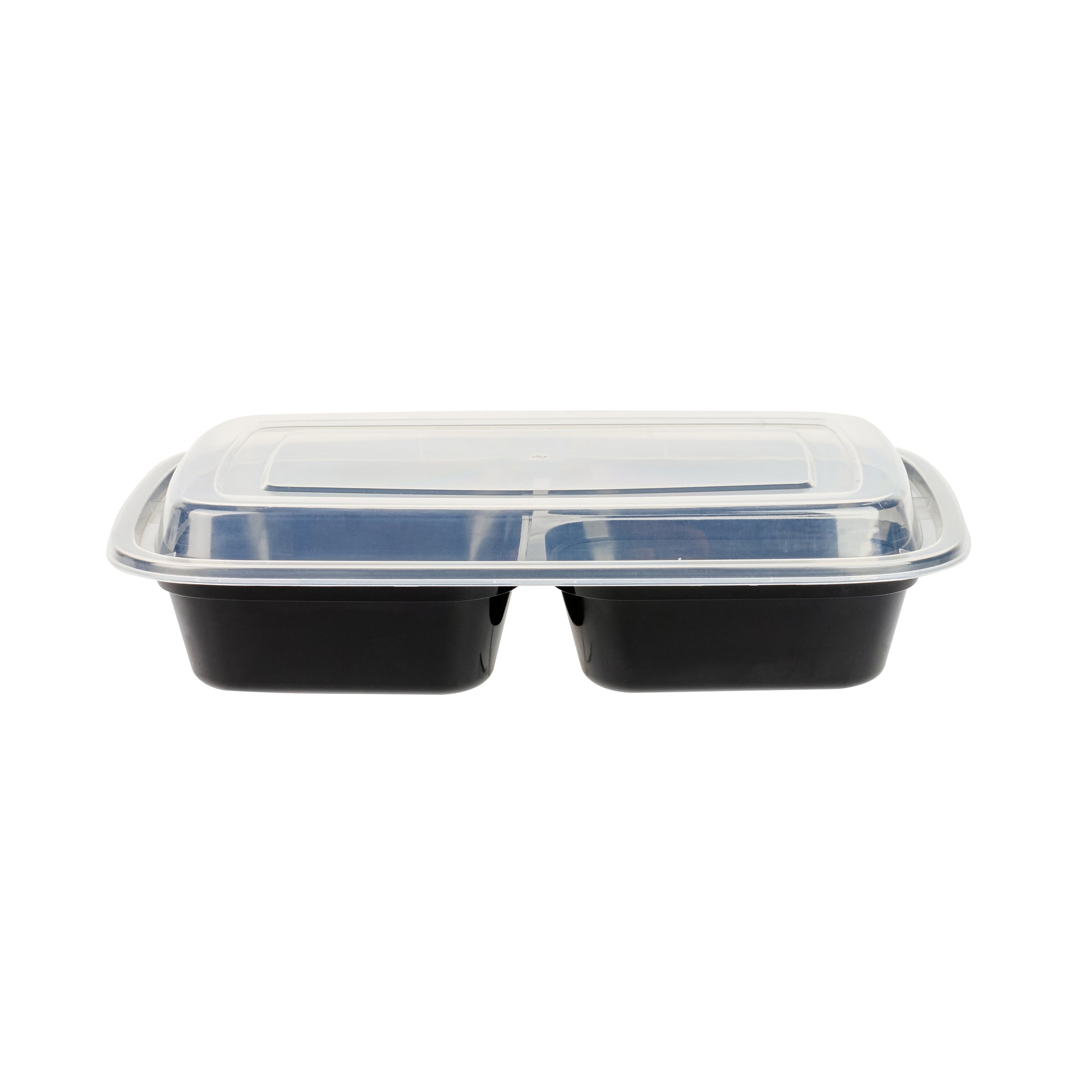 Asporto 26 oz Black Plastic 3 Compartment Food Container - with Clear Lid, Microwavable - 8 3/4" x 6" x 1 3/4" - 50 count box