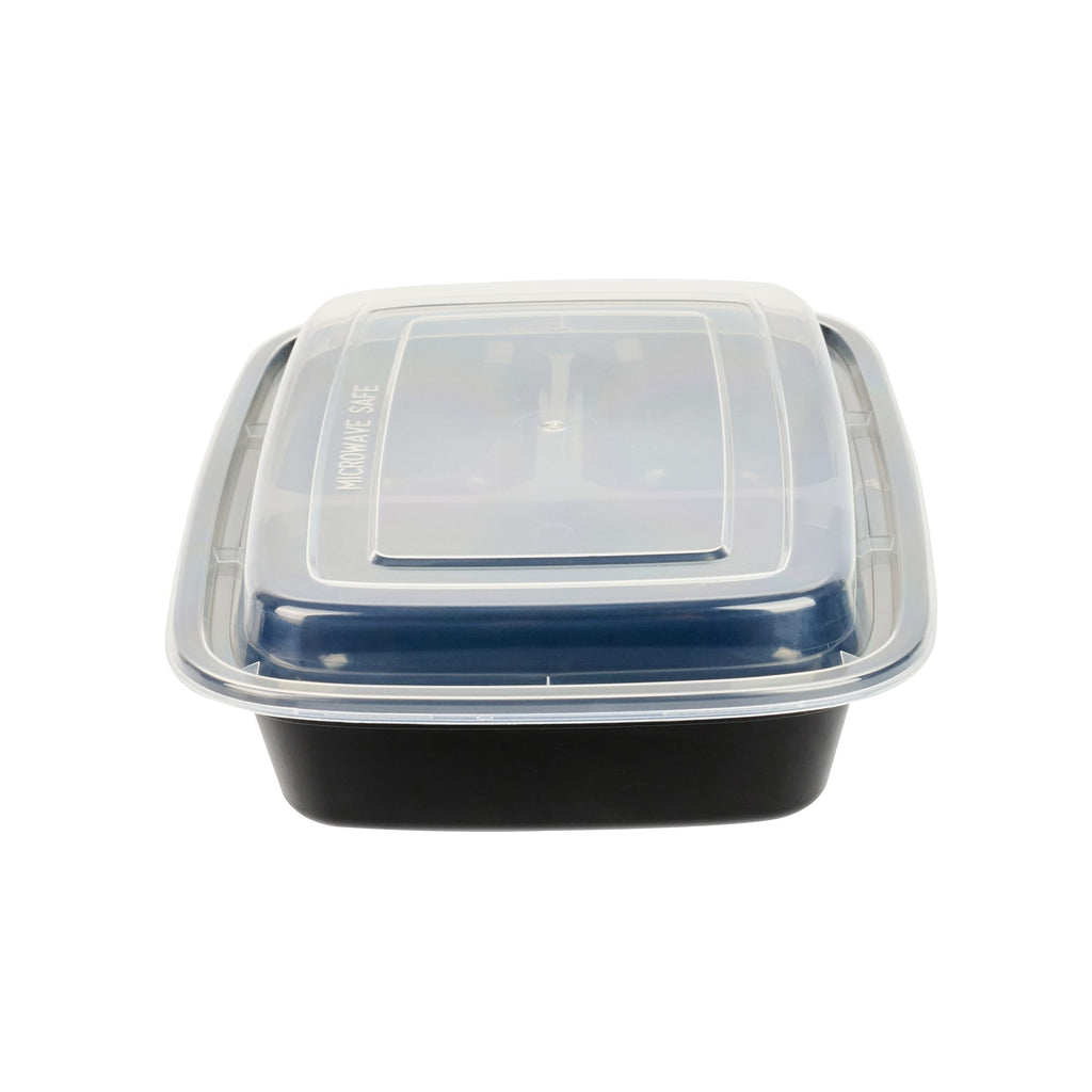 Asporto 26 oz Black Plastic 3 Compartment Food Container - with Clear Lid, Microwavable - 8 3/4" x 6" x 1 3/4" - 50 count box