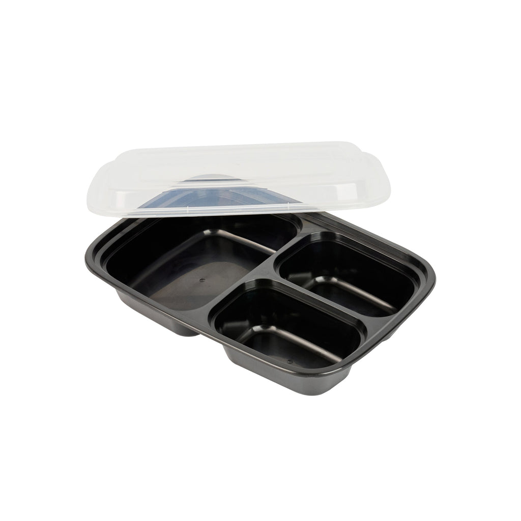 Asporto 26 oz Black Plastic 3 Compartment Food Container - with Clear Lid, Microwavable - 8 3/4" x 6" x 1 3/4" - 50 count box