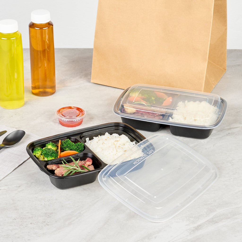 Asporto 26 oz Black Plastic 3 Compartment Food Container - with Clear Lid, Microwavable - 8 3/4" x 6" x 1 3/4" - 50 count box