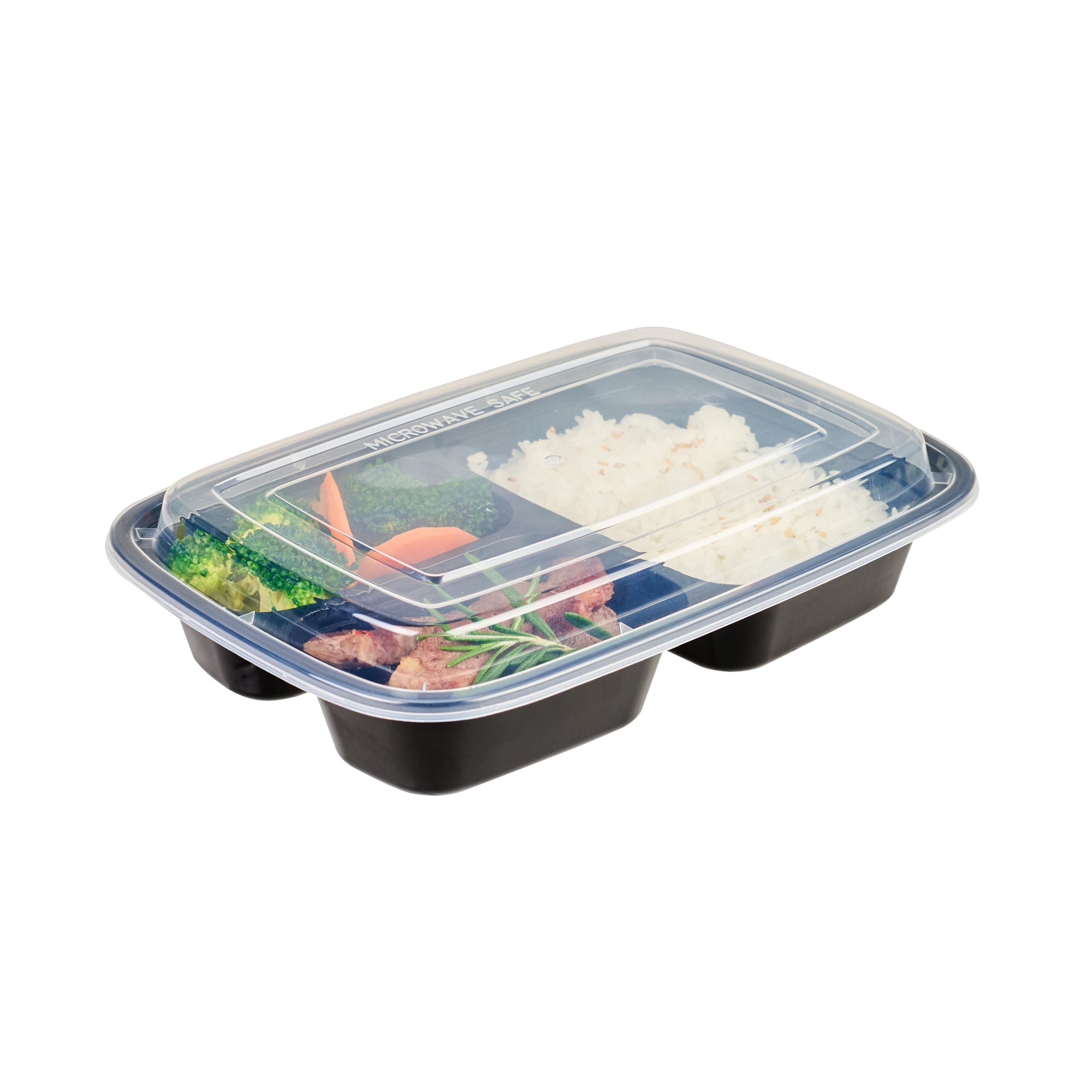 Asporto 26 oz Black Plastic 3 Compartment Food Container - with Clear Lid, Microwavable - 8 3/4" x 6" x 1 3/4" - 100 count box