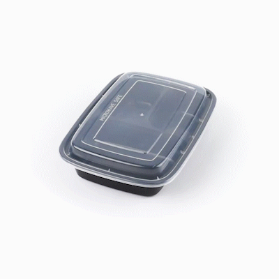 Asporto 26 oz Black Plastic 3 Compartment Food Container - with Clear Lid, Microwavable - 8 3/4" x 6" x 1 3/4" - 100 count box