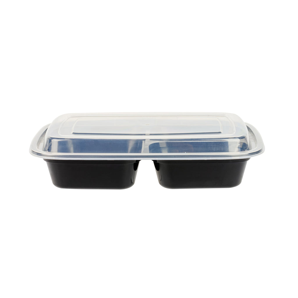 Asporto 26 oz Black Plastic 3 Compartment Food Container - with Clear Lid, Microwavable - 8 3/4" x 6" x 1 3/4" - 100 count box
