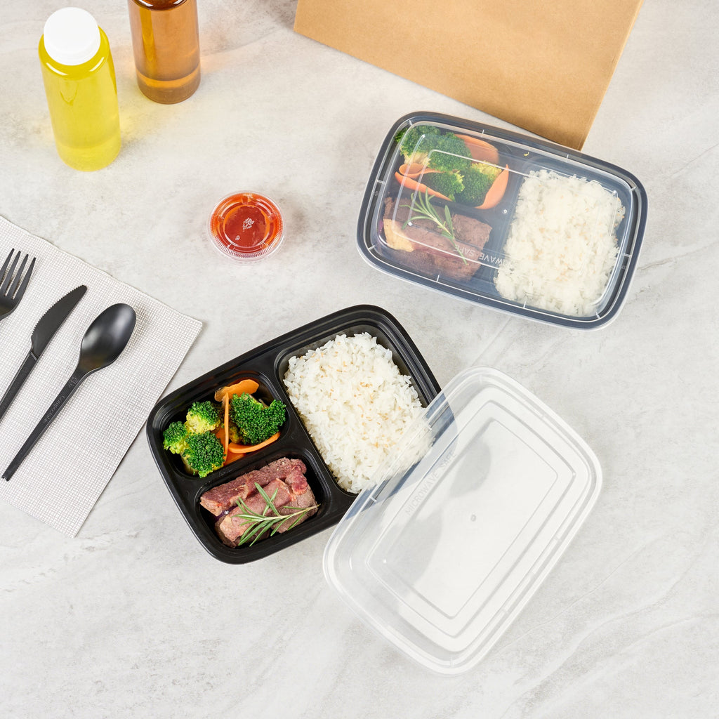 Asporto 26 oz Black Plastic 3 Compartment Food Container - with Clear Lid, Microwavable - 8 3/4" x 6" x 1 3/4" - 100 count box
