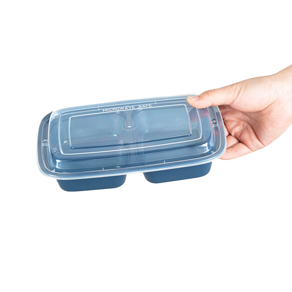 Asporto 26 oz Midnight Blue Plastic 3 Compartment Food Container - with Clear Lid, Microwavable - 8 3/4" x 6" x 1 3/4" - 100 count box