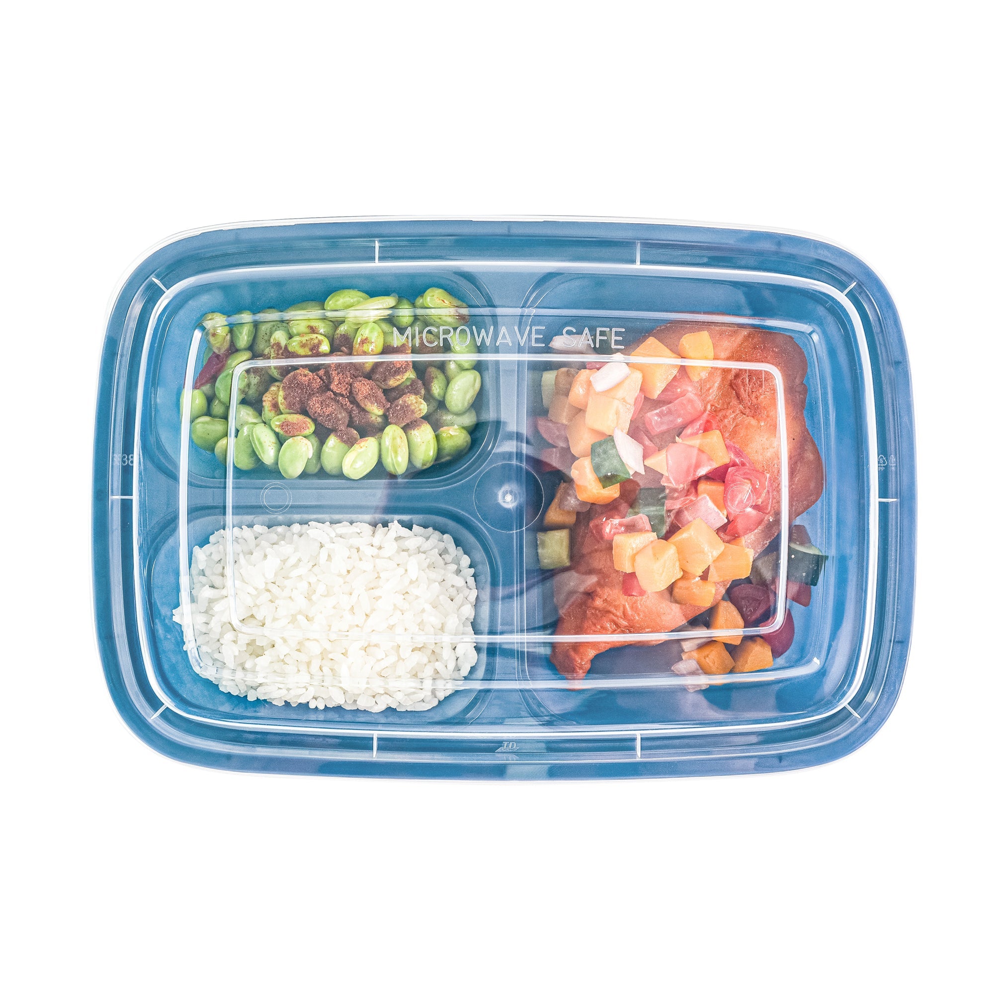 Asporto 26 oz Midnight Blue Plastic 3 Compartment Food Container - with Clear Lid, Microwavable - 8 3/4" x 6" x 1 3/4" - 100 count box