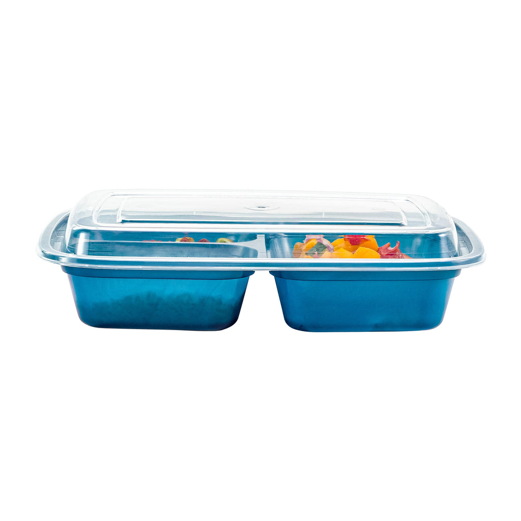 Asporto 26 oz Midnight Blue Plastic 3 Compartment Food Container - with Clear Lid, Microwavable - 8 3/4" x 6" x 1 3/4" - 100 count box