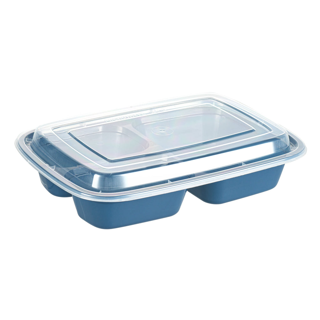 Asporto 26 oz Midnight Blue Plastic 3 Compartment Food Container - with Clear Lid, Microwavable - 8 3/4" x 6" x 1 3/4" - 100 count box