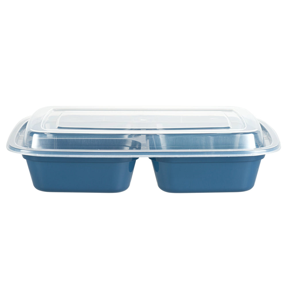 Asporto 26 oz Midnight Blue Plastic 3 Compartment Food Container - with Clear Lid, Microwavable - 8 3/4" x 6" x 1 3/4" - 100 count box