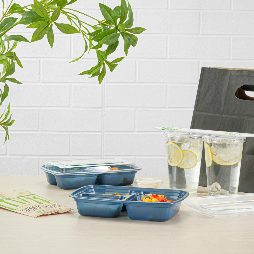 Asporto 26 oz Midnight Blue Plastic 3 Compartment Food Container - with Clear Lid, Microwavable - 8 3/4" x 6" x 1 3/4" - 100 count box