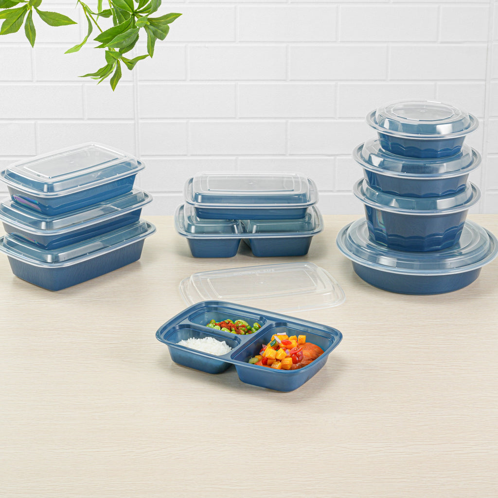 Asporto 26 oz Midnight Blue Plastic 3 Compartment Food Container - with Clear Lid, Microwavable - 8 3/4" x 6" x 1 3/4" - 100 count box