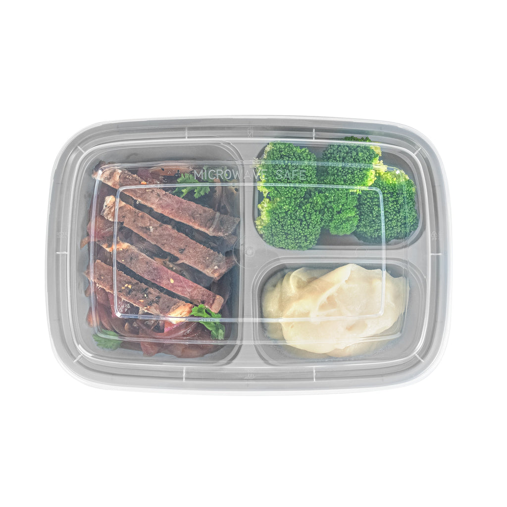 Asporto 26 oz Silver Plastic 3 Compartment Food Container - with Clear Lid, Microwavable - 8 3/4" x 6" x 1 3/4" - 100 count box