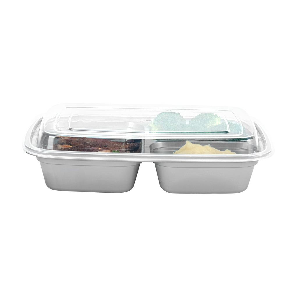 Asporto 26 oz Silver Plastic 3 Compartment Food Container - with Clear Lid, Microwavable - 8 3/4" x 6" x 1 3/4" - 100 count box