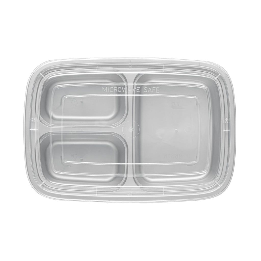 Asporto 26 oz Silver Plastic 3 Compartment Food Container - with Clear Lid, Microwavable - 8 3/4" x 6" x 1 3/4" - 100 count box