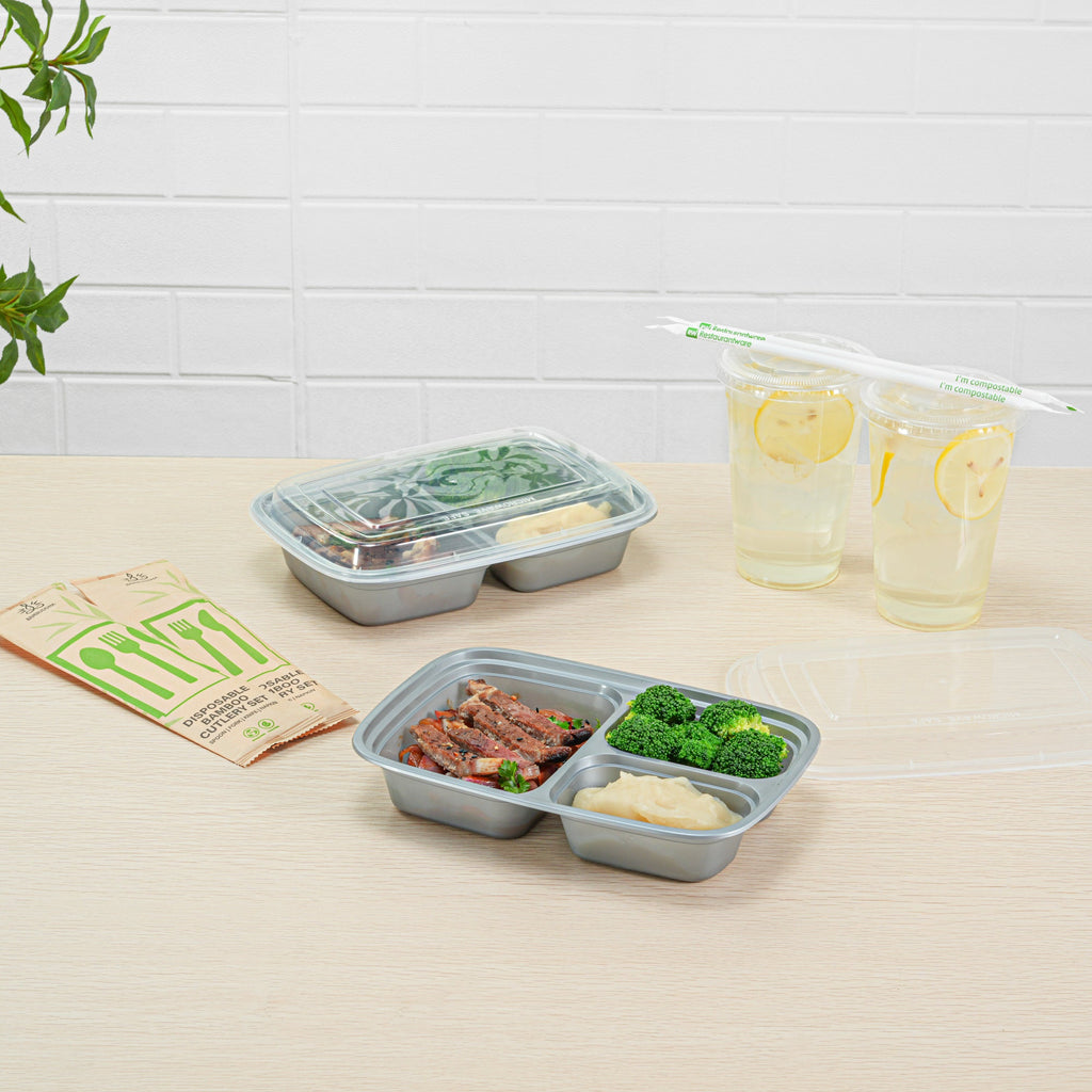Asporto 26 oz Silver Plastic 3 Compartment Food Container - with Clear Lid, Microwavable - 8 3/4" x 6" x 1 3/4" - 100 count box