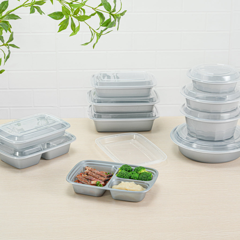 Asporto 26 oz Silver Plastic 3 Compartment Food Container - with Clear Lid, Microwavable - 8 3/4" x 6" x 1 3/4" - 100 count box