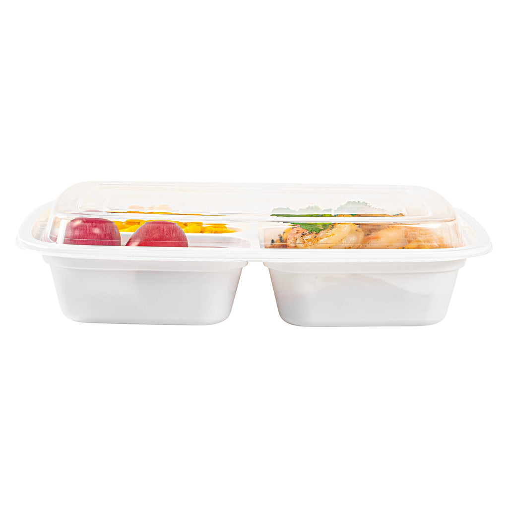 Asporto 26 oz White Plastic 3 Compartment Food Container - with Clear Lid, Microwavable - 8 3/4" x 6" x 1 3/4" - 50 count box