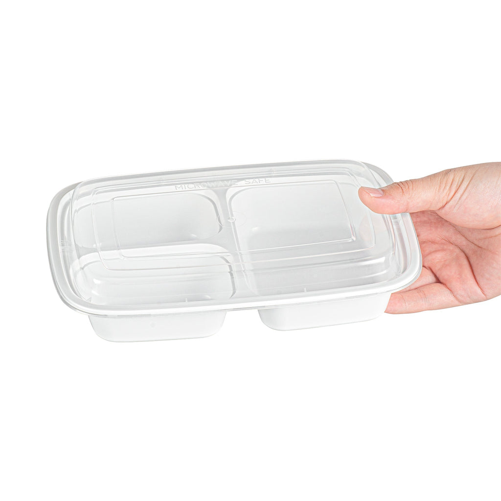Asporto 26 oz White Plastic 3 Compartment Food Container - with Clear Lid, Microwavable - 8 3/4" x 6" x 1 3/4" - 50 count box
