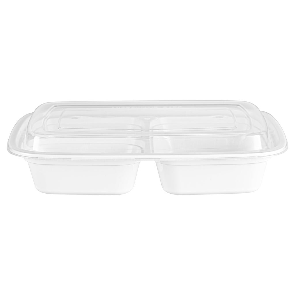 Asporto 26 oz White Plastic 3 Compartment Food Container - with Clear Lid, Microwavable - 8 3/4" x 6" x 1 3/4" - 50 count box