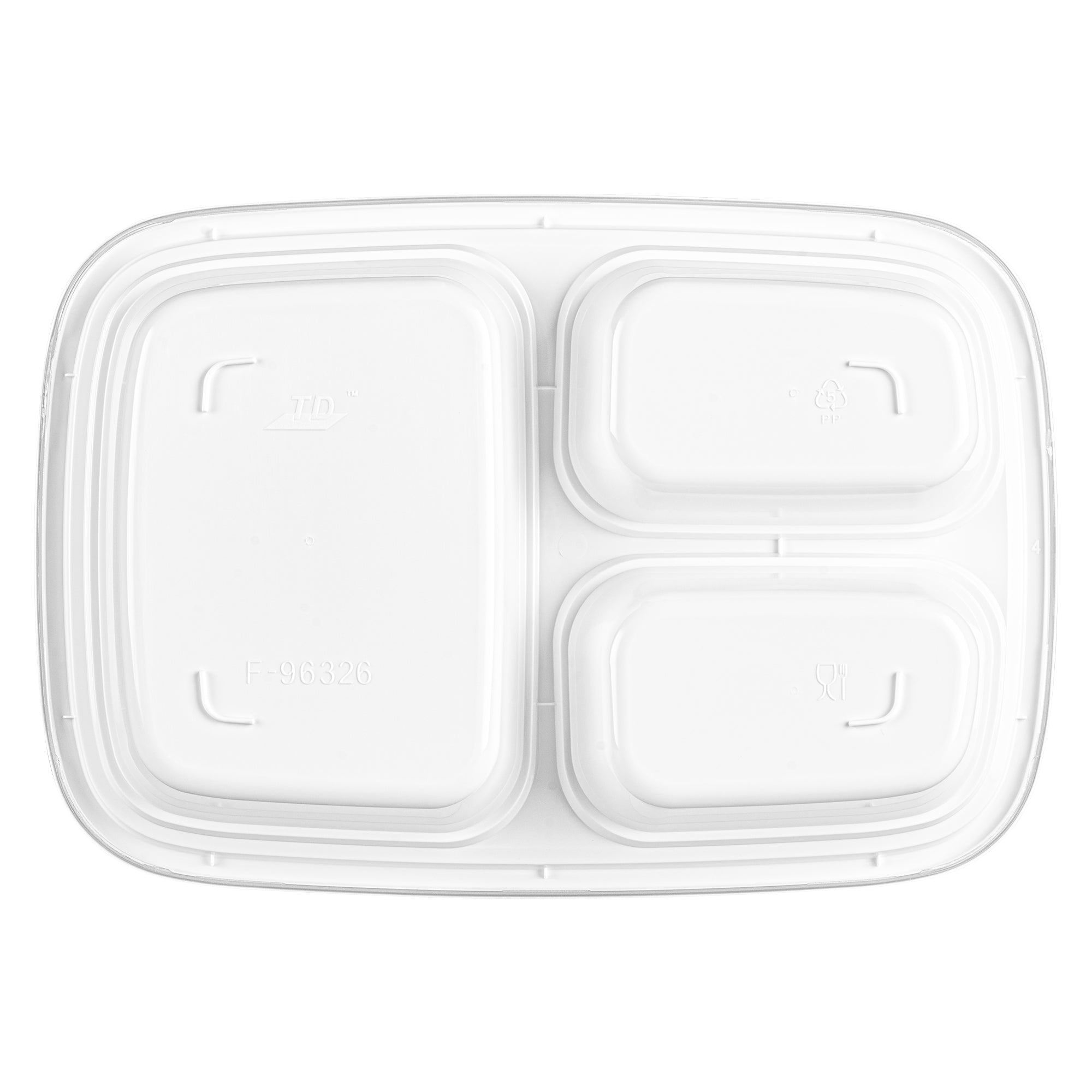 Asporto 26 oz White Plastic 3 Compartment Food Container - with Clear Lid, Microwavable - 8 3/4" x 6" x 1 3/4" - 50 count box