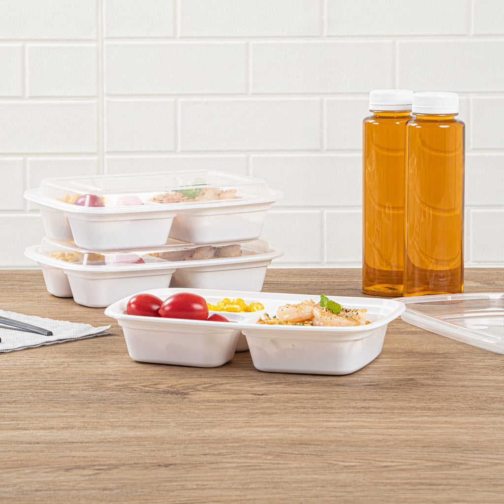 Asporto 26 oz White Plastic 3 Compartment Food Container - with Clear Lid, Microwavable - 8 3/4" x 6" x 1 3/4" - 50 count box