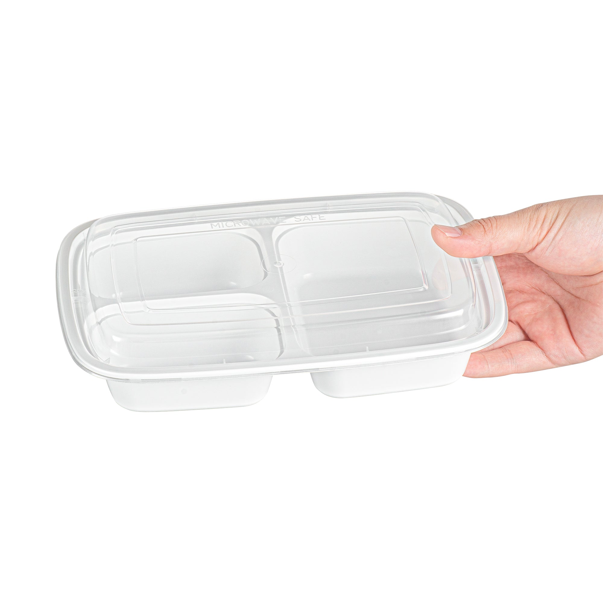 Asporto 26 oz White Plastic 3 Compartment Food Container - with Clear Lid, Microwavable - 8 3/4" x 6" x 1 3/4" - 100 count box