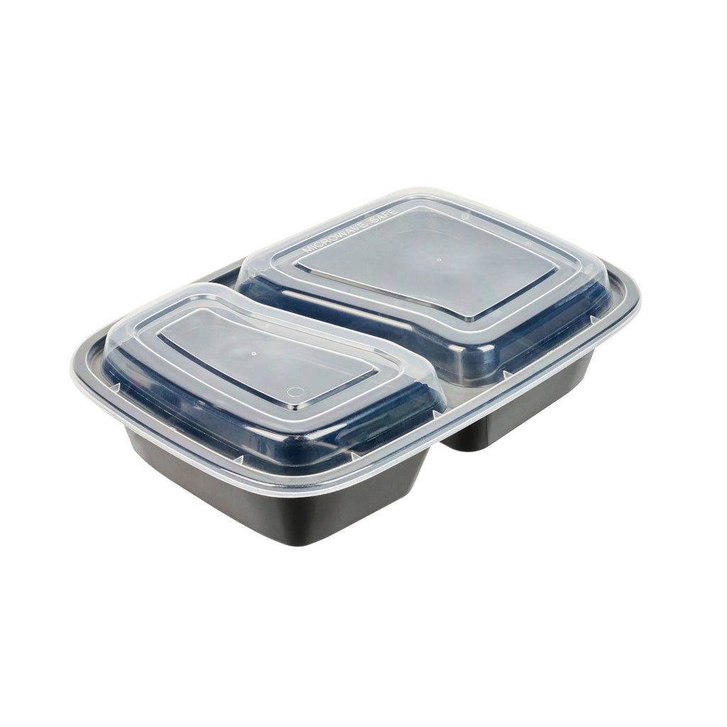 Asporto 32 oz Black Plastic 2 Compartment Food Container - with Clear Lid, Microwavable - 8 3/4" x 6" x 2" - 50 count box