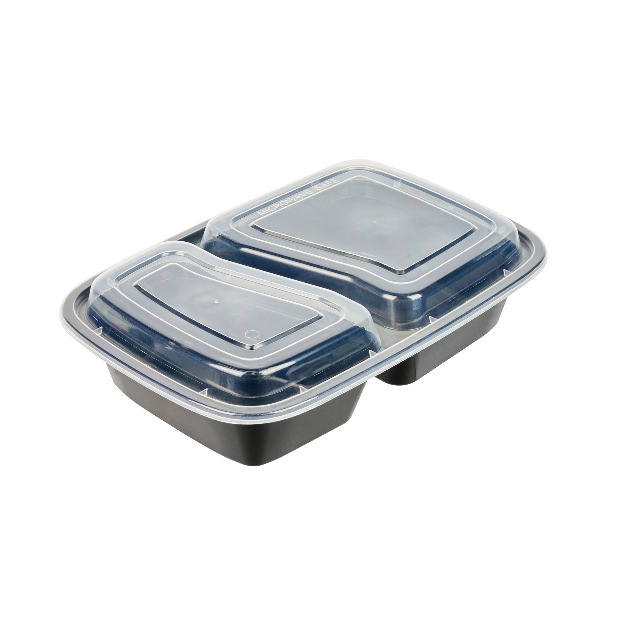 Asporto 32 oz Black Plastic 2 Compartment Food Container - with Clear Lid, Microwavable - 8 3/4" x 6" x 2" - 50 count box