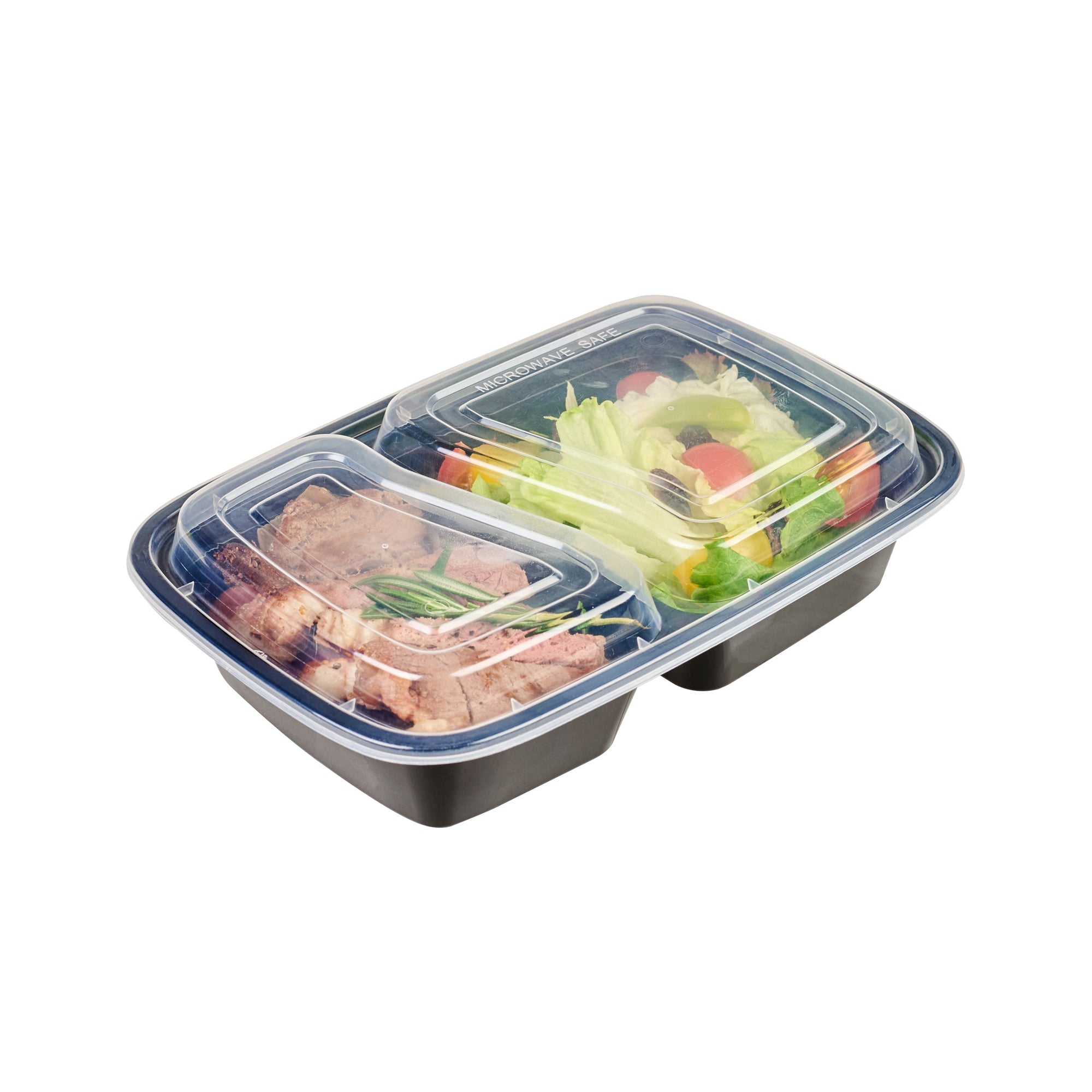 Asporto 32 oz Black Plastic 2 Compartment Food Container - with Clear Lid, Microwavable - 8 3/4" x 6" x 2" - 50 count box