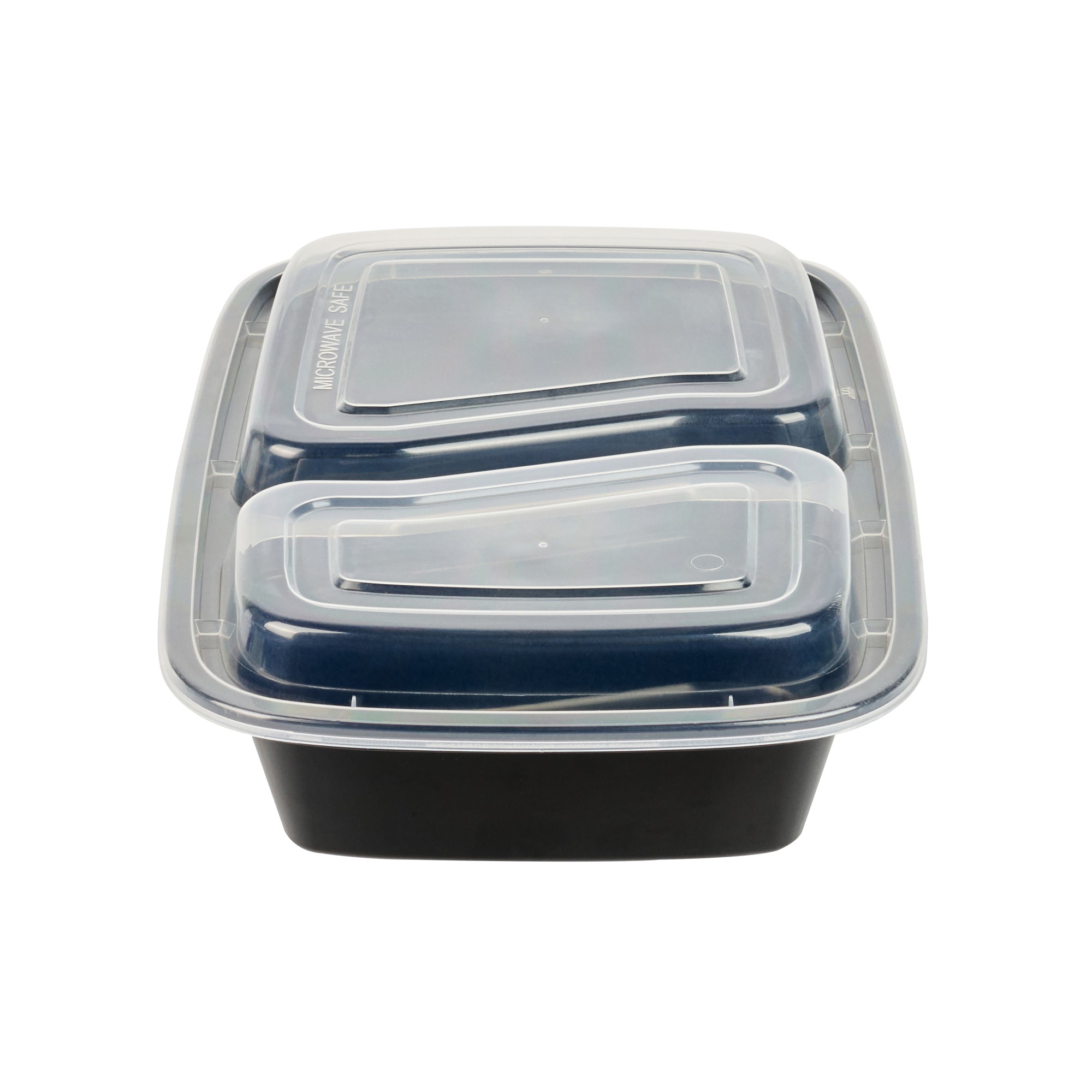 Asporto 32 oz Black Plastic 2 Compartment Food Container - with Clear Lid, Microwavable - 8 3/4" x 6" x 2" - 50 count box