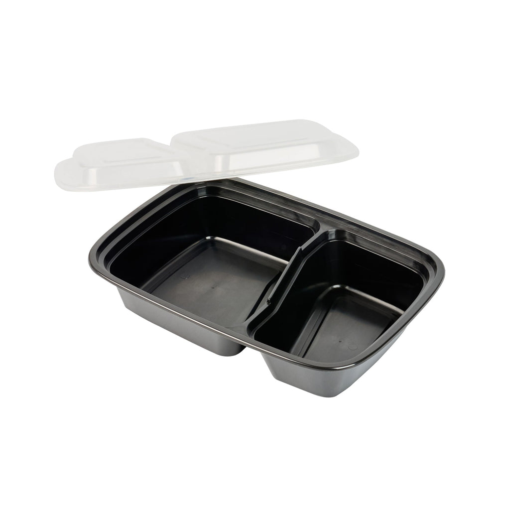 Asporto 32 oz Black Plastic 2 Compartment Food Container - with Clear Lid, Microwavable - 8 3/4" x 6" x 2" - 50 count box