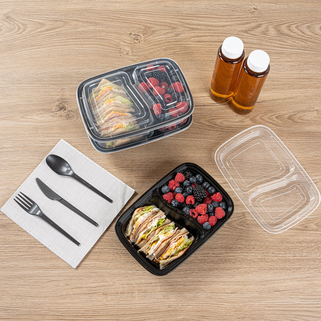 Asporto 32 oz Black Plastic 2 Compartment Food Container - with Clear Lid, Microwavable - 8 3/4" x 6" x 2" - 50 count box