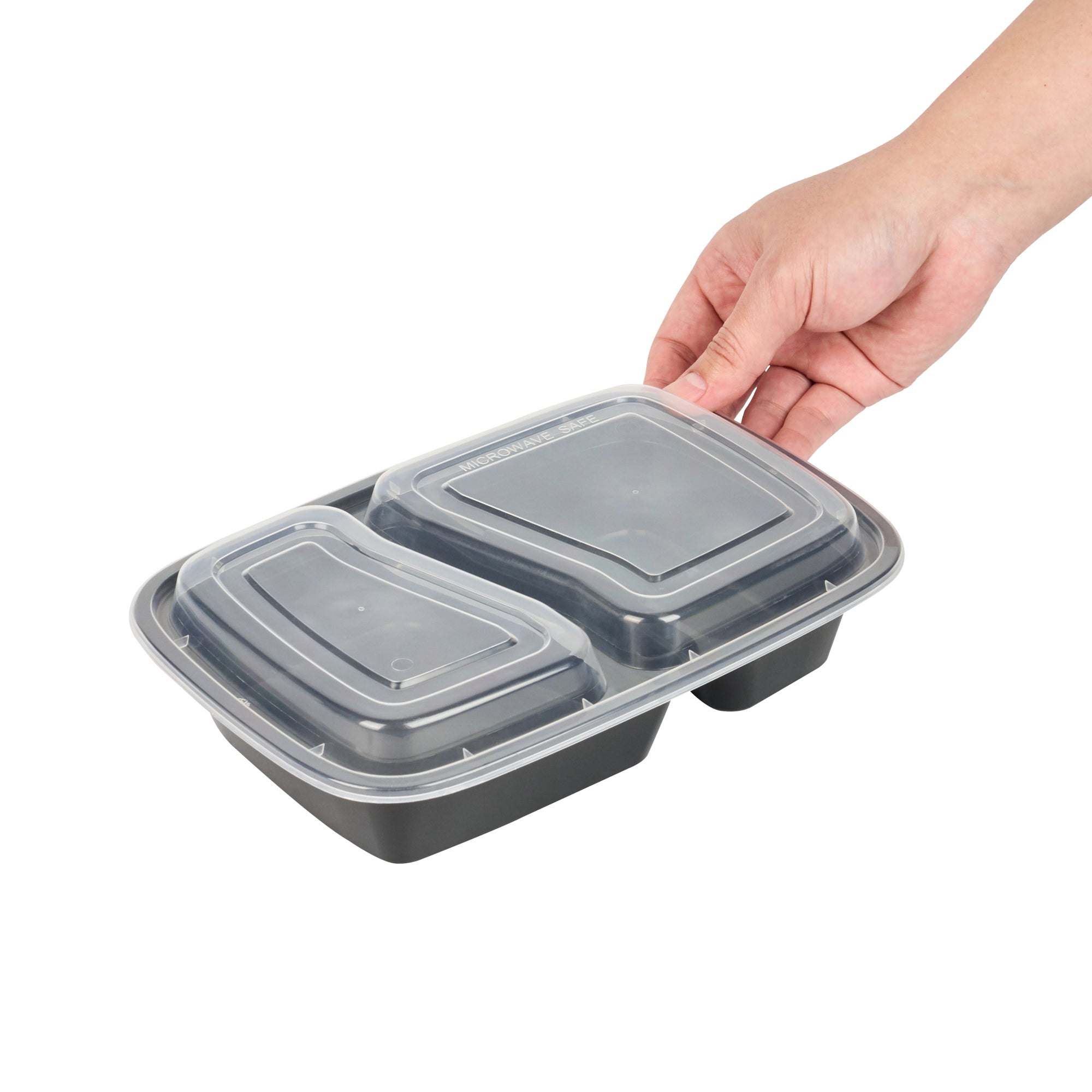 Asporto 32 oz Black Plastic 2 Compartment Food Container - with Clear Lid, Microwavable - 8 3/4" x 6" x 2" - 100 count box