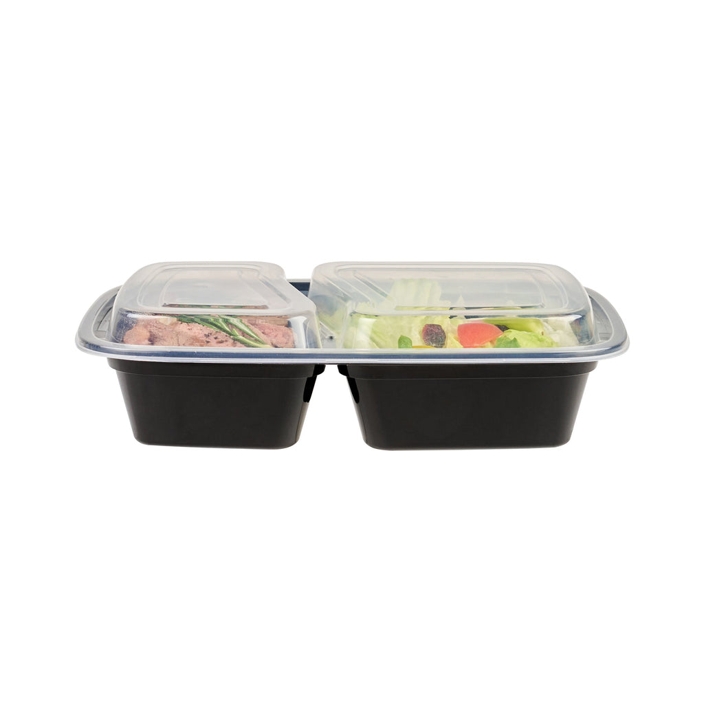 Asporto 32 oz Black Plastic 2 Compartment Food Container - with Clear Lid, Microwavable - 8 3/4" x 6" x 2" - 100 count box