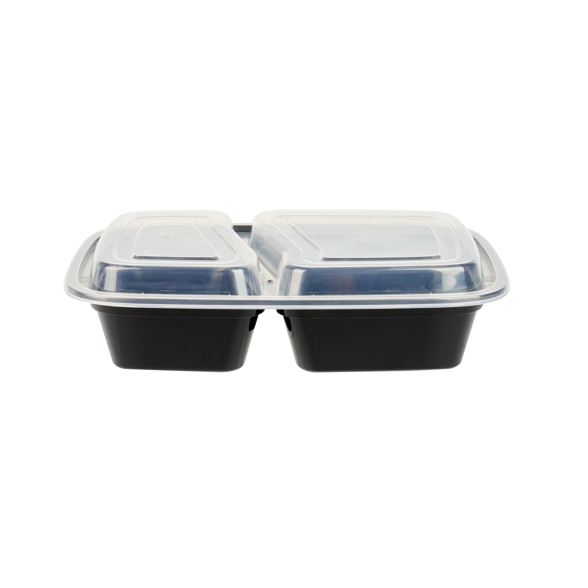 Asporto 32 oz Black Plastic 2 Compartment Food Container - with Clear Lid, Microwavable - 8 3/4" x 6" x 2" - 100 count box