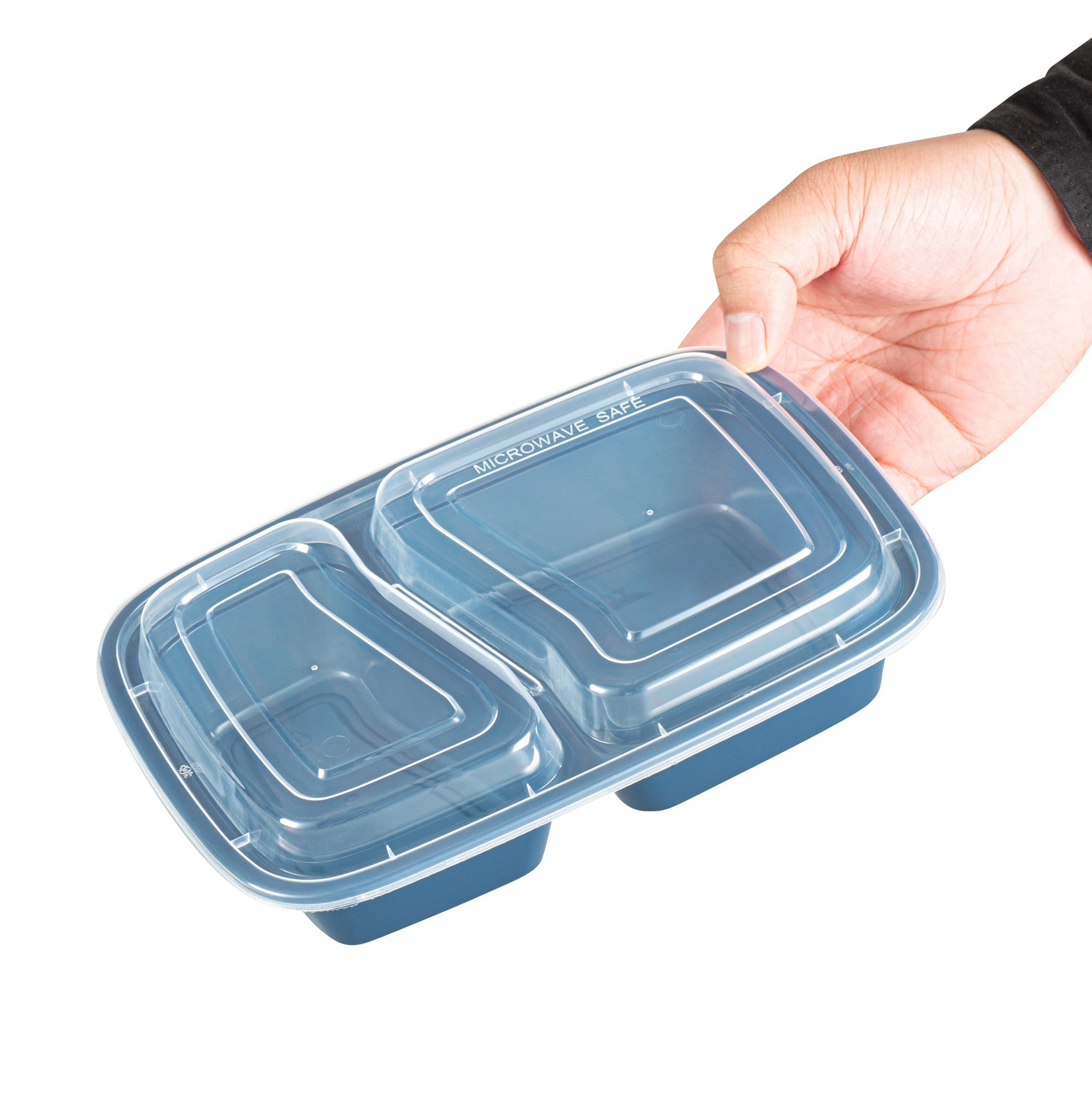 Asporto 32 oz Midnight Blue Plastic 2 Compartment Food Container - with Clear Lid, Microwavable - 8 3/4" x 6" x 2" - 100 count box