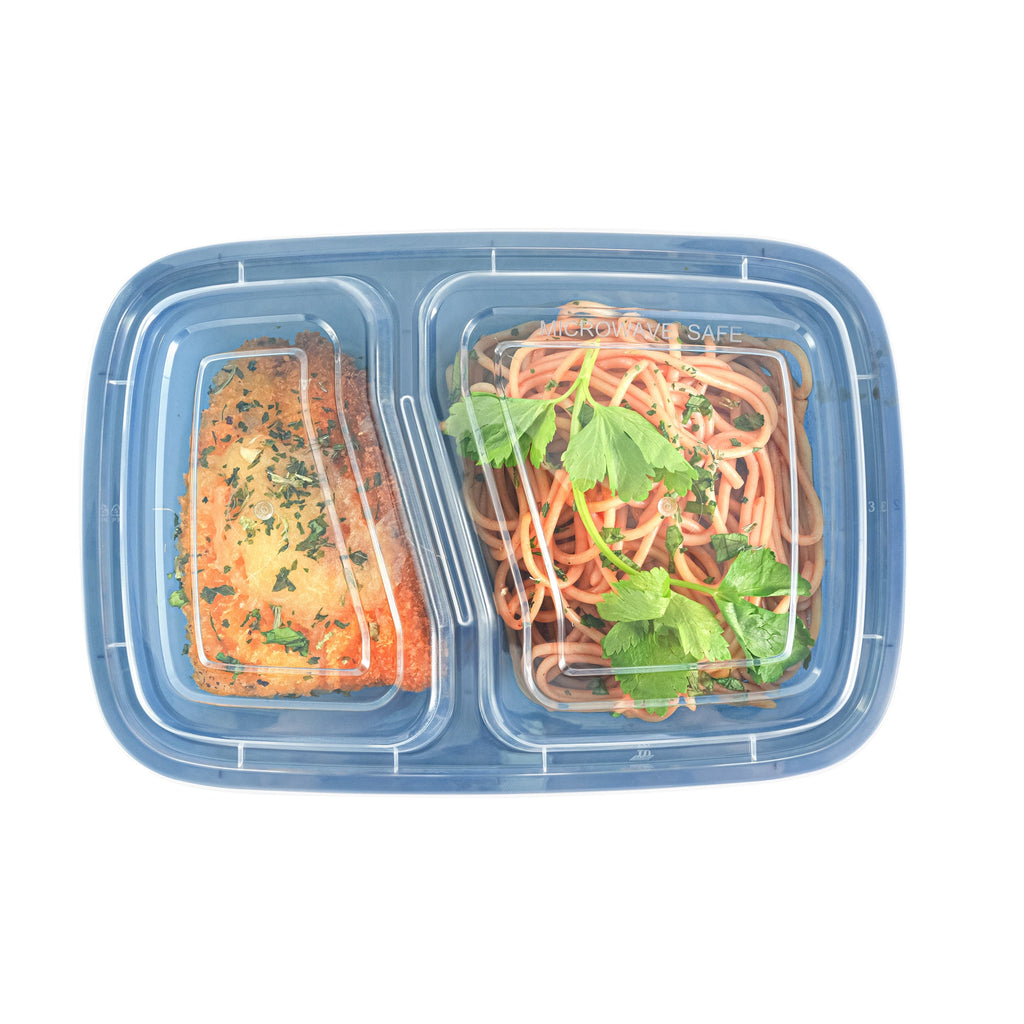 Asporto 32 oz Midnight Blue Plastic 2 Compartment Food Container - with Clear Lid, Microwavable - 8 3/4" x 6" x 2" - 100 count box