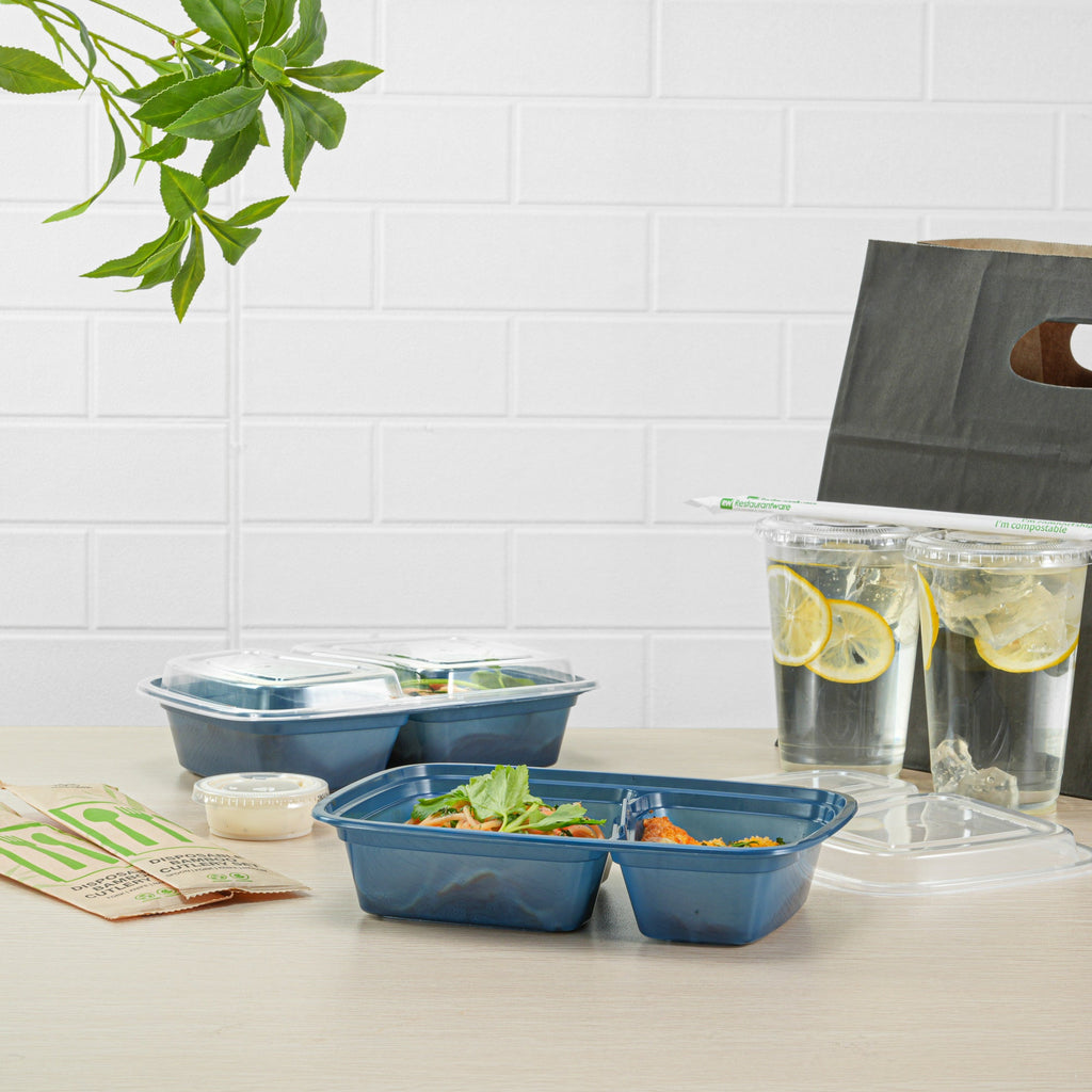 Asporto 32 oz Midnight Blue Plastic 2 Compartment Food Container - with Clear Lid, Microwavable - 8 3/4" x 6" x 2" - 100 count box