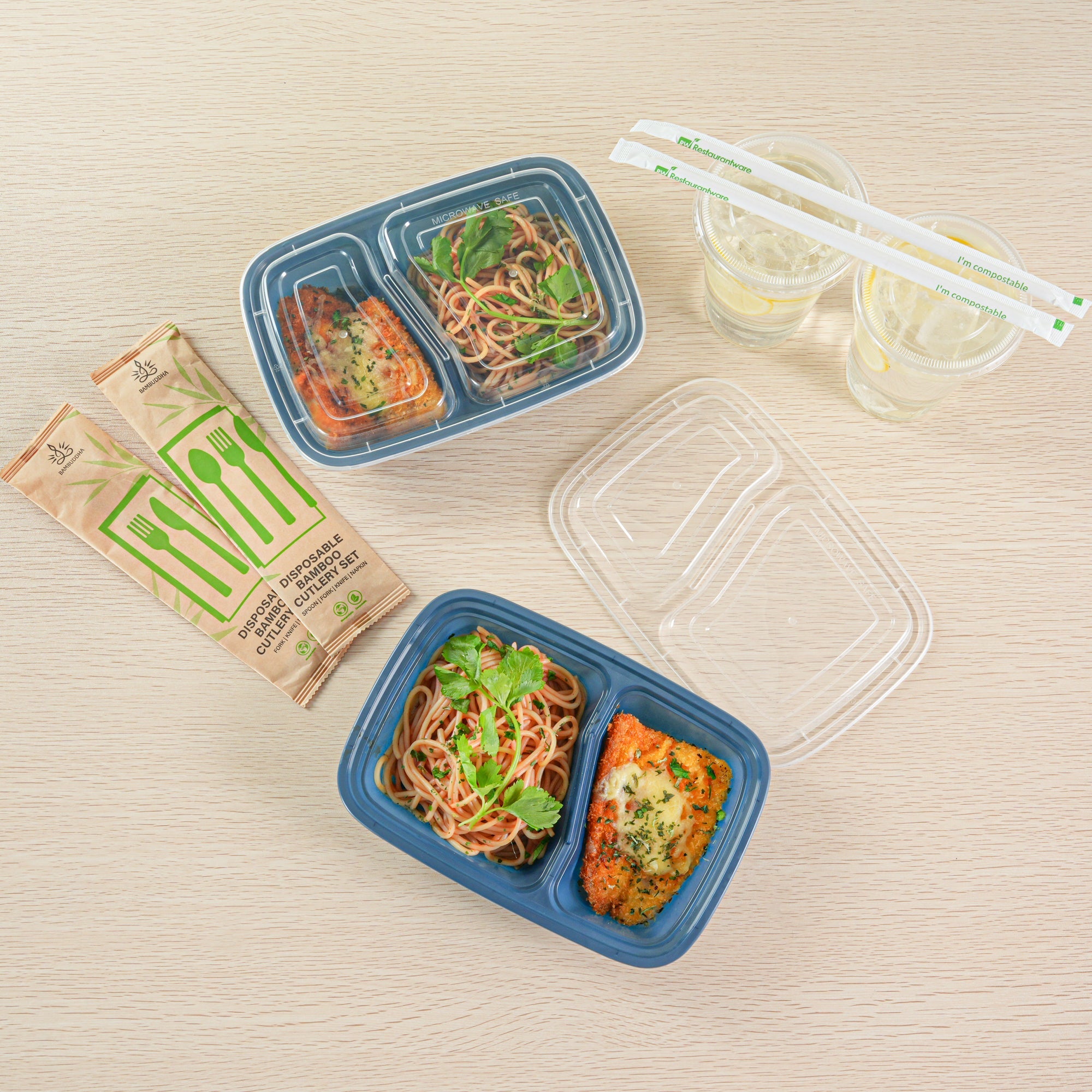 Asporto 32 oz Midnight Blue Plastic 2 Compartment Food Container - with Clear Lid, Microwavable - 8 3/4" x 6" x 2" - 100 count box