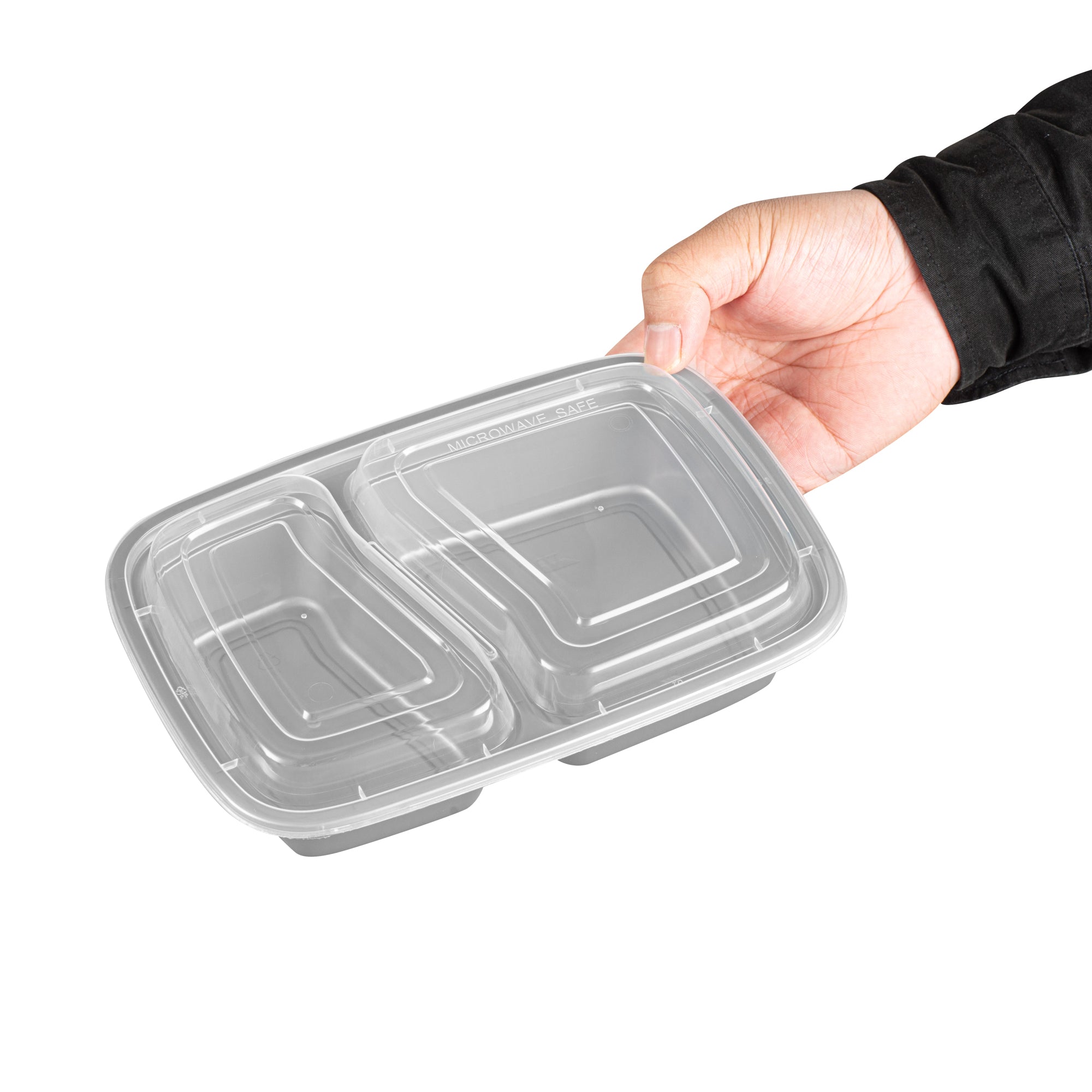 Asporto 32 oz Silver Plastic 2 Compartment Food Container - with Clear Lid, Microwavable - 8 3/4" x 6" x 2" - 100 count box