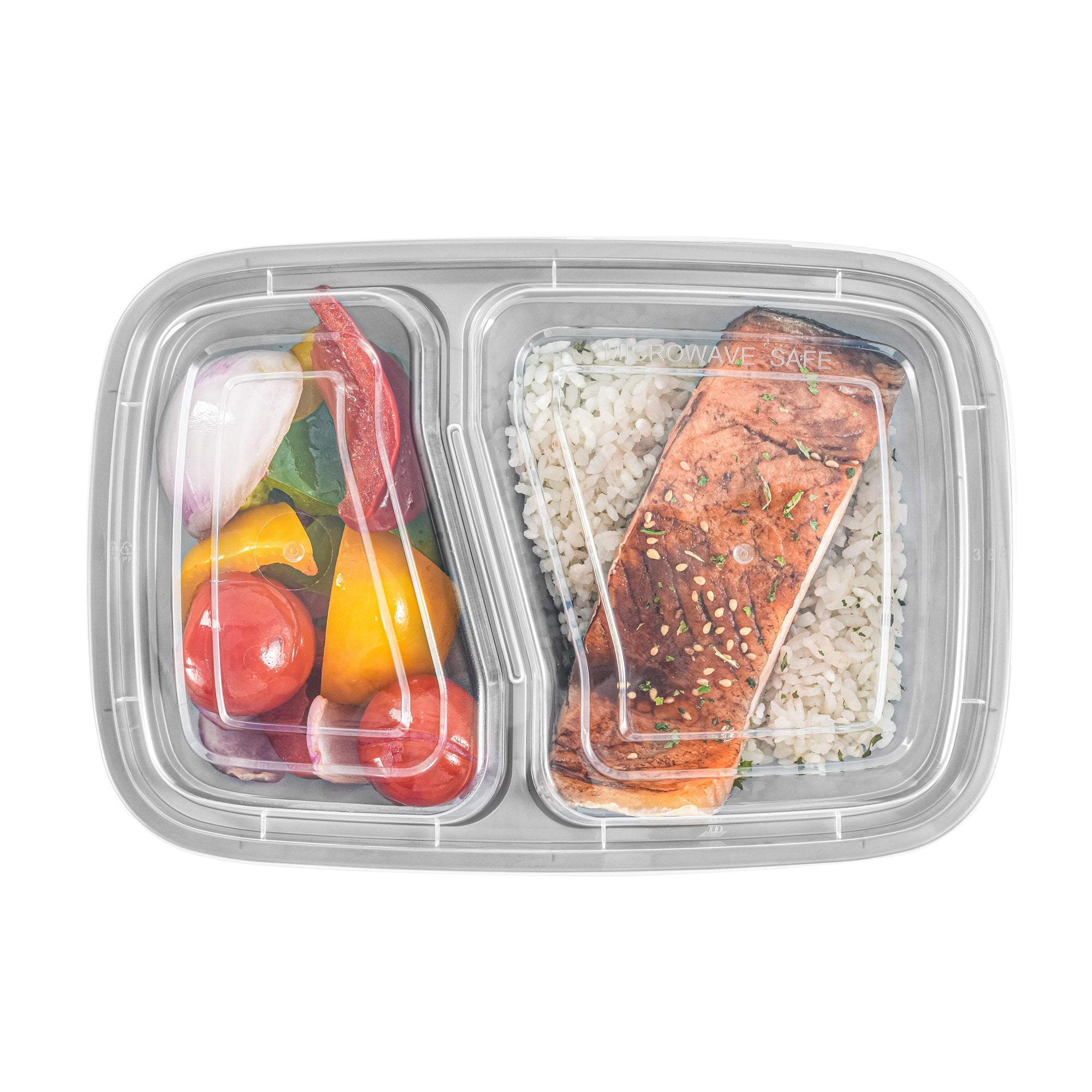 Asporto 32 oz Silver Plastic 2 Compartment Food Container - with Clear Lid, Microwavable - 8 3/4" x 6" x 2" - 100 count box