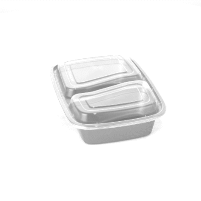 Asporto 32 oz Silver Plastic 2 Compartment Food Container - with Clear Lid, Microwavable - 8 3/4" x 6" x 2" - 100 count box