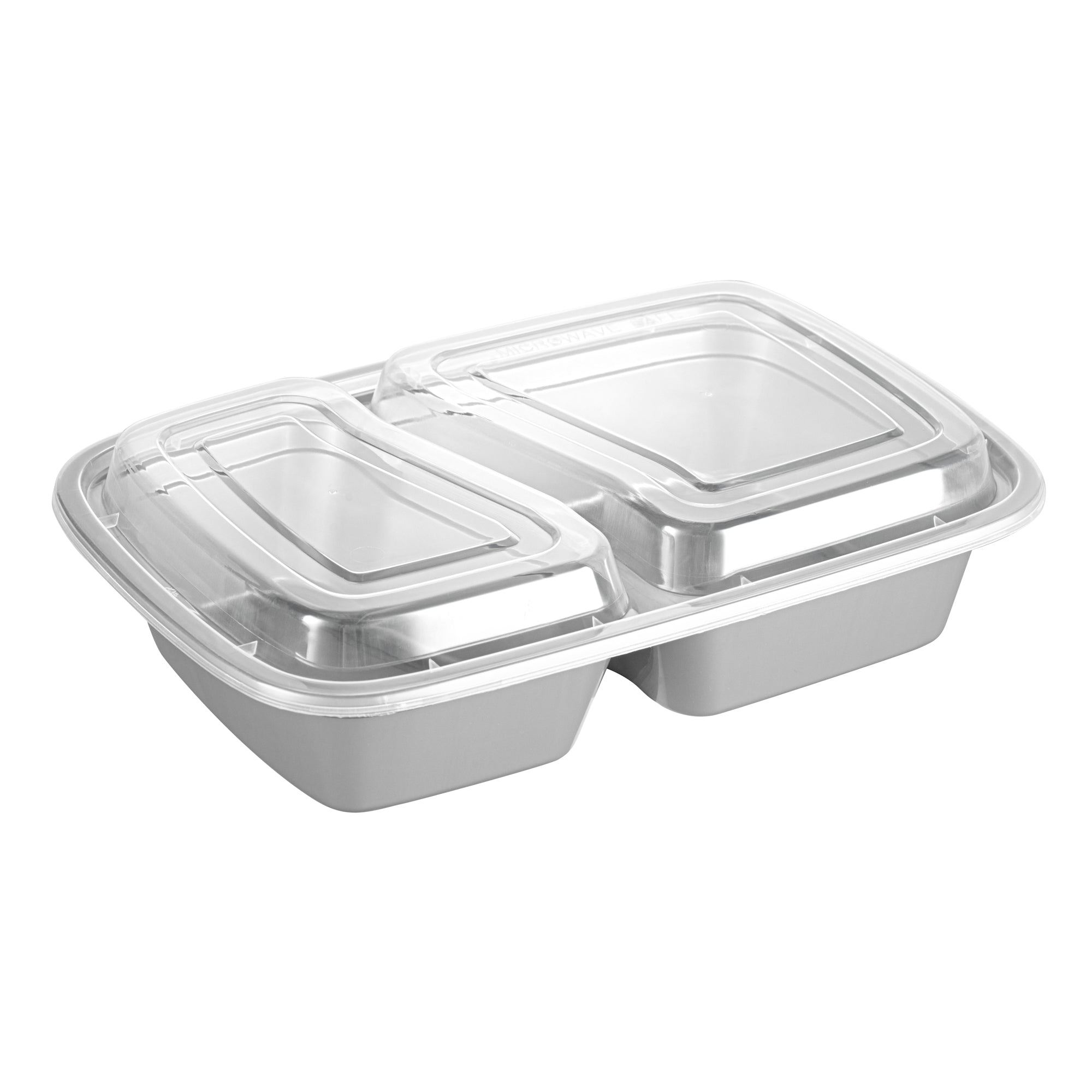 Asporto 32 oz Silver Plastic 2 Compartment Food Container - with Clear Lid, Microwavable - 8 3/4" x 6" x 2" - 100 count box