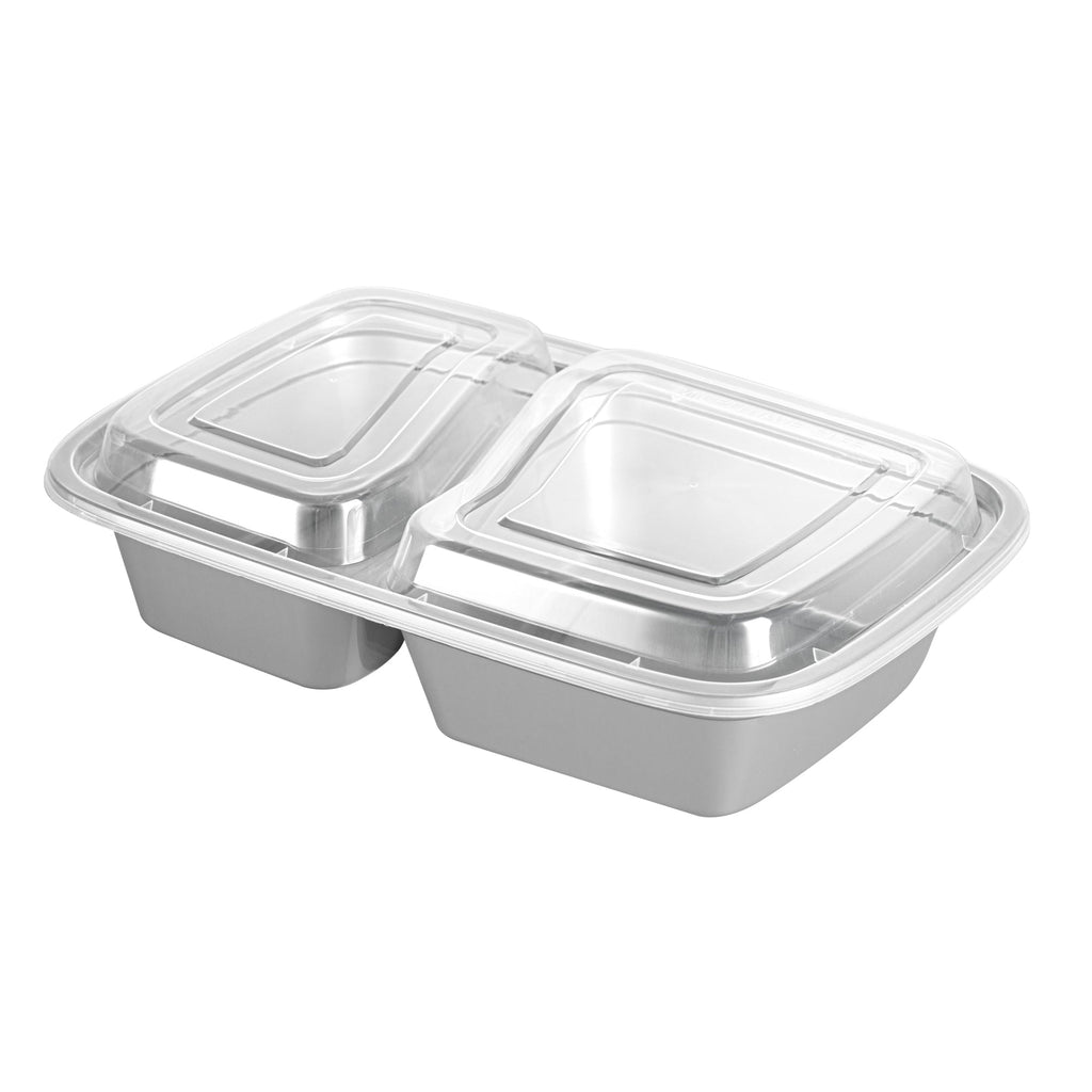 Asporto 32 oz Silver Plastic 2 Compartment Food Container - with Clear Lid, Microwavable - 8 3/4" x 6" x 2" - 100 count box