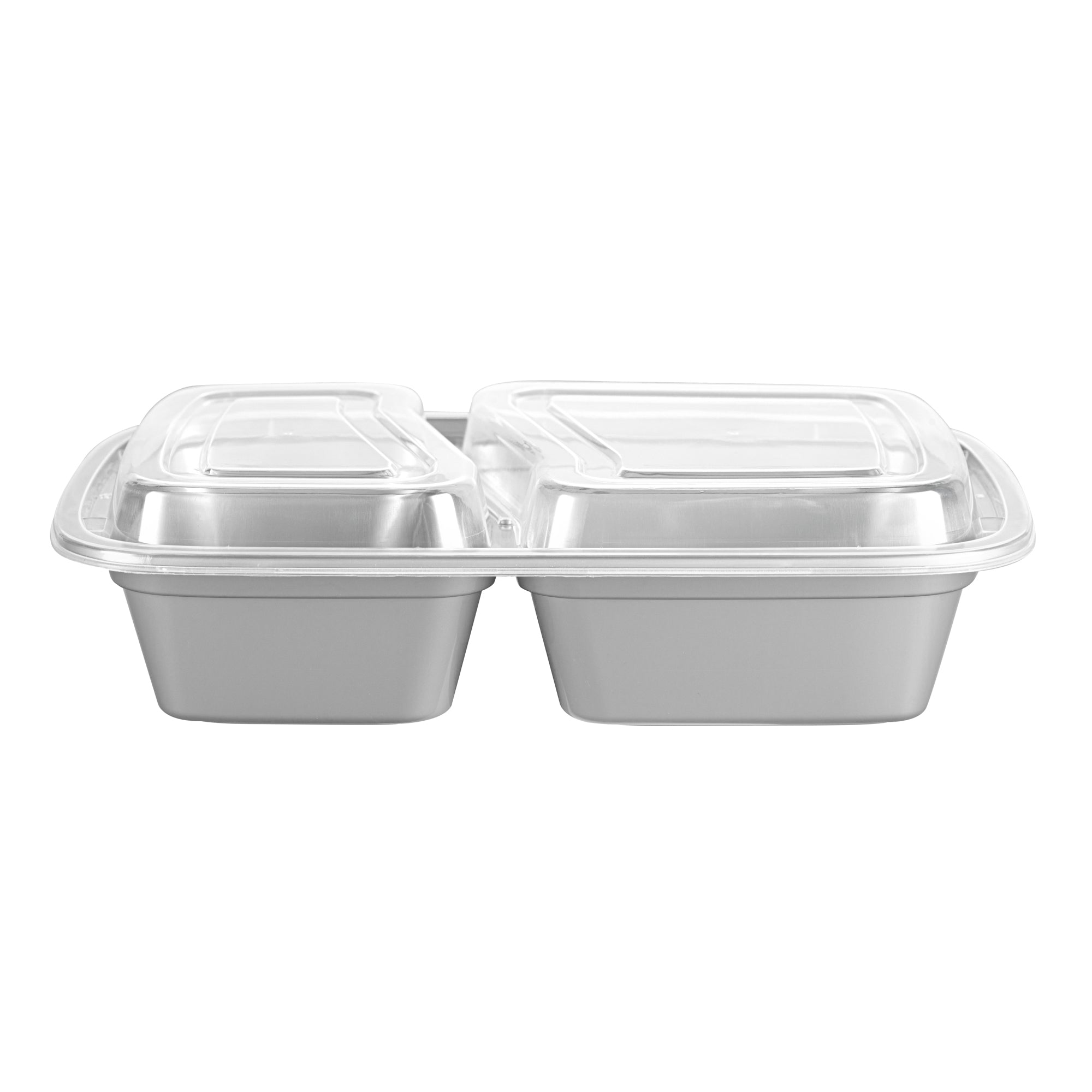 Asporto 32 oz Silver Plastic 2 Compartment Food Container - with Clear Lid, Microwavable - 8 3/4" x 6" x 2" - 100 count box