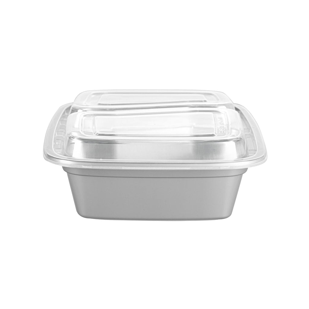 Asporto 32 oz Silver Plastic 2 Compartment Food Container - with Clear Lid, Microwavable - 8 3/4" x 6" x 2" - 100 count box
