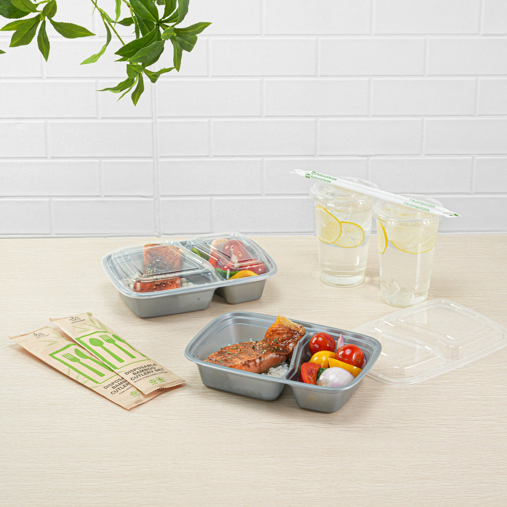 Asporto 32 oz Silver Plastic 2 Compartment Food Container - with Clear Lid, Microwavable - 8 3/4" x 6" x 2" - 100 count box