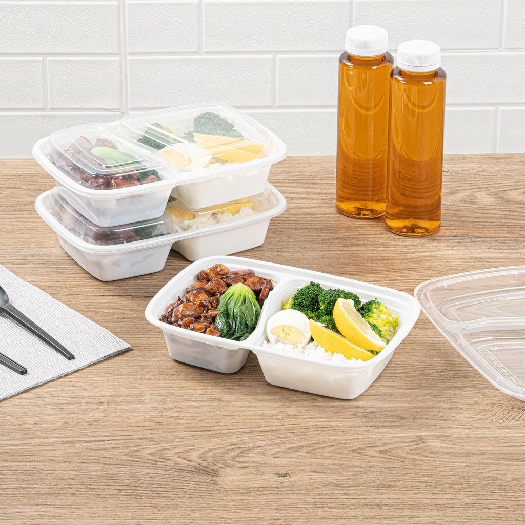 Asporto 32 oz White Plastic 2 Compartment Food Container - with Clear Lid, Microwavable - 8 3/4" x 6" x 2" - 50 count box